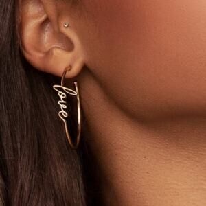 Kleinfeld scripted "Love" Gold Hoop Earrings NWT in gift box